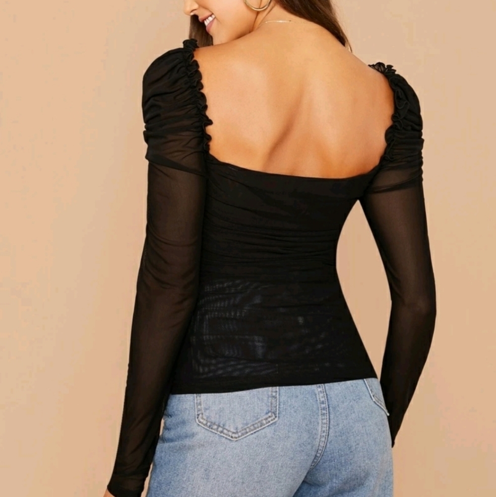 Mesh ruffle top sheer black - Picture 3 of 11